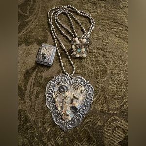 Vintage Heart with Pearls Necklace with Clip-on Earrings